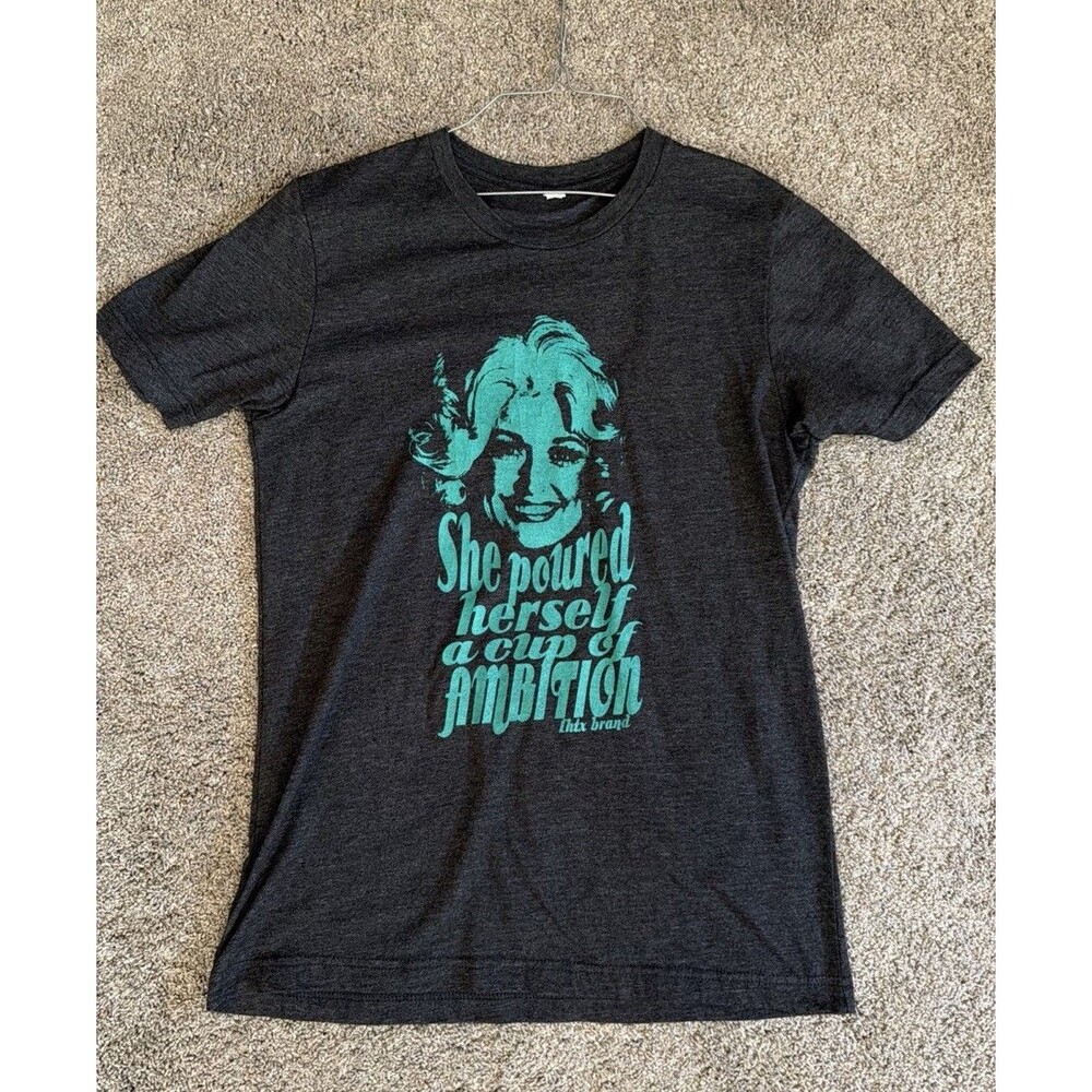 Dolly Parton Graphic T-Shirt Portrait S/M She Poured Herself Cup Ambition Gray